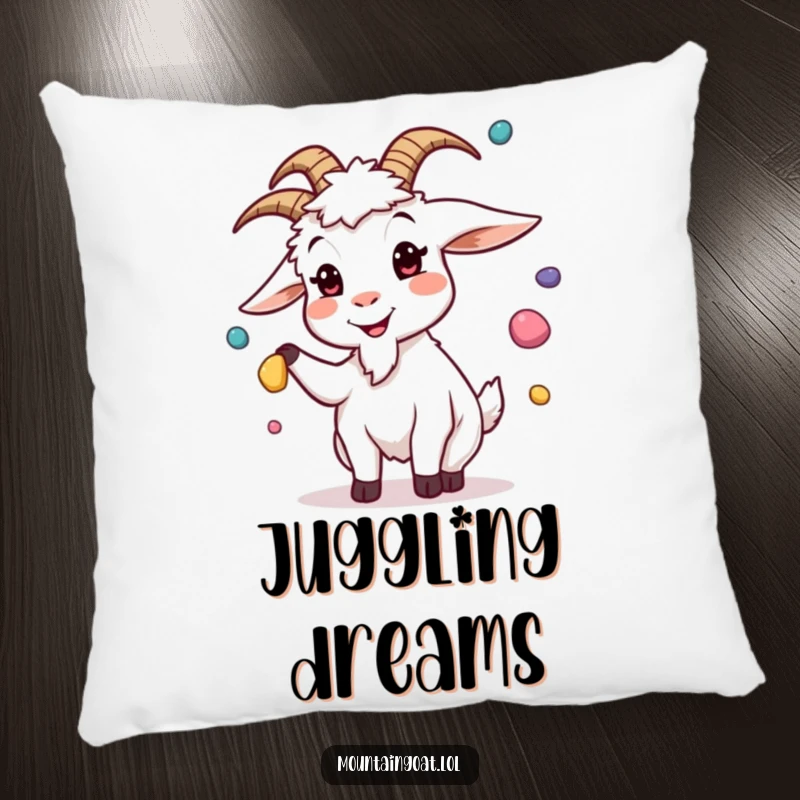 Funny pillow design showing a goat juggling colorful pebbles with a silly expression, providing soft comfort and a humorous visual.