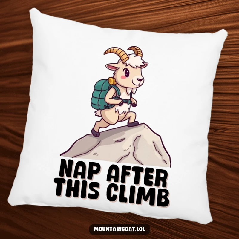 Funny Hiking Goat Pillow, wearing boots and walking uphill, soft and decorative, embodying adventurous humor, wonderful funny gift.