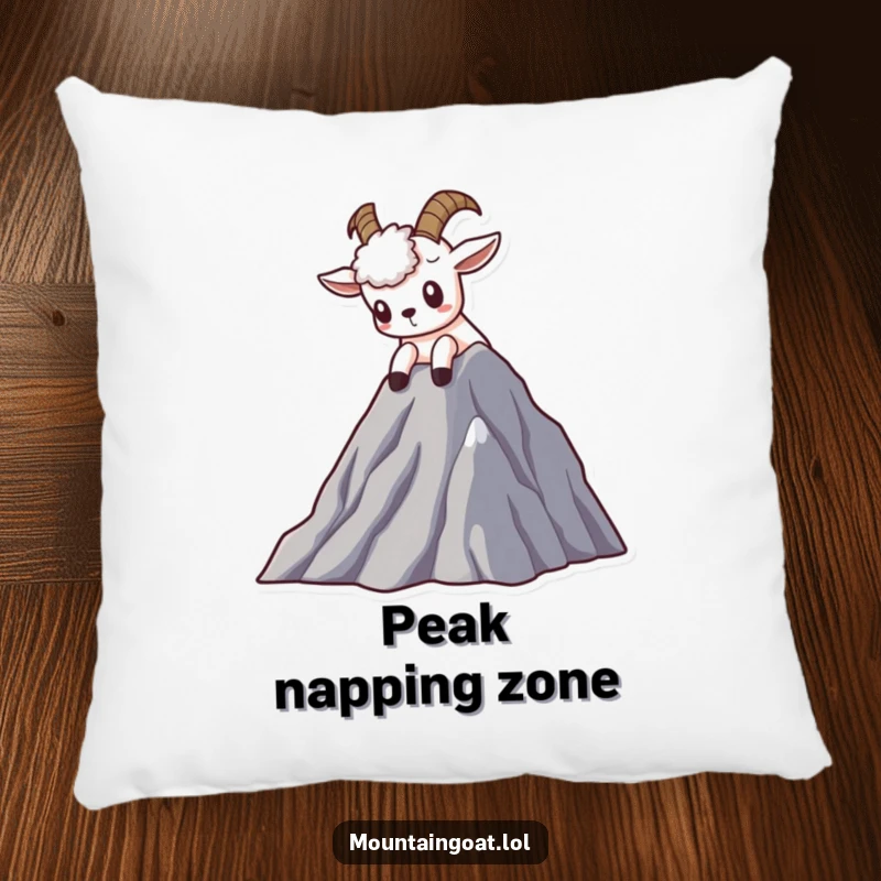 Funny Kawaii mountain goat pillow featuring a curious goat peering from a peak, ideal for adding cozy adventure.