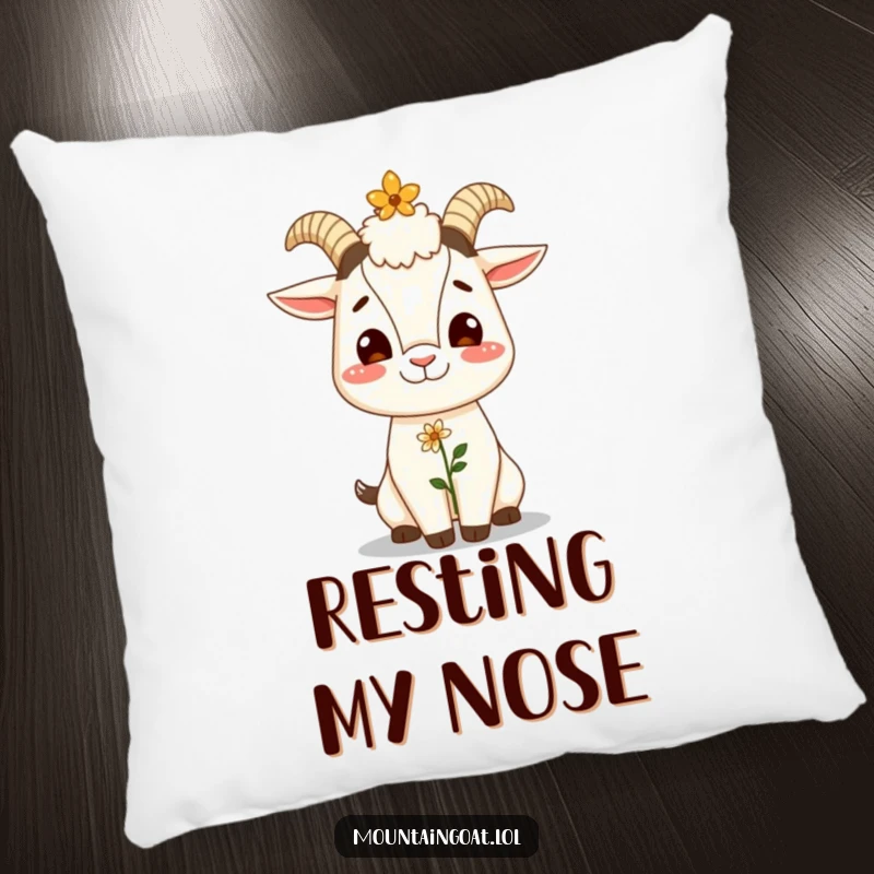 Funny pillow with a giggling mountain goat balancing a flower on its nose, offering soft comfort and cheerful humor.