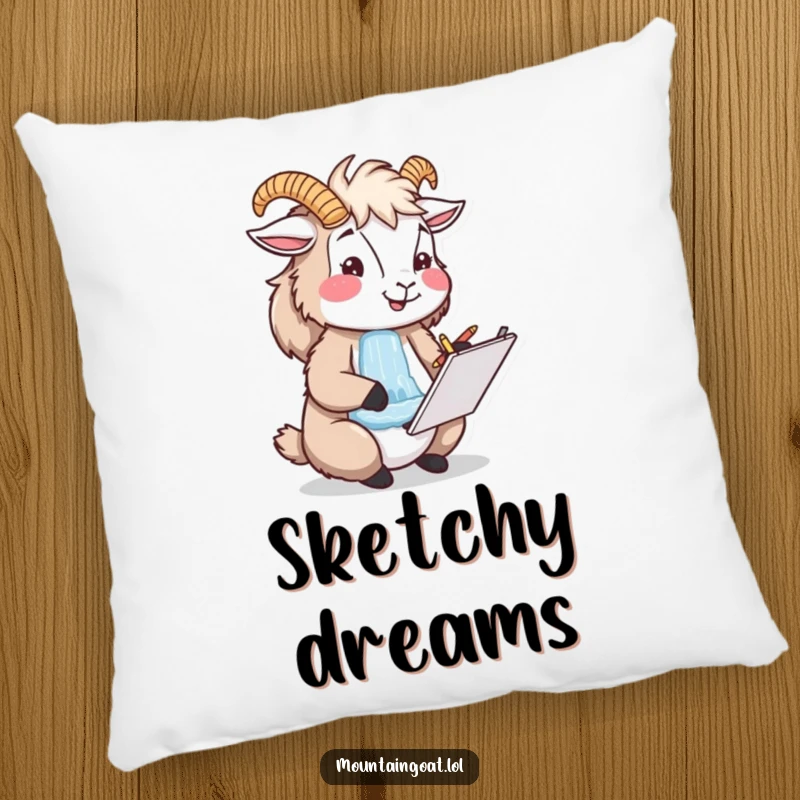Funny happy mountain goat artist sketching a waterfall, soft and comfortable pillow for creative relaxation.