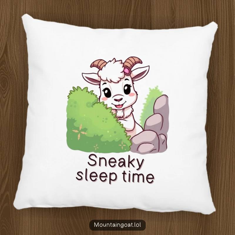 Funny mountain goat pillow featuring a mischievous goat playing hide-and-seek behind a bush, offering soft comfort and playful charm.