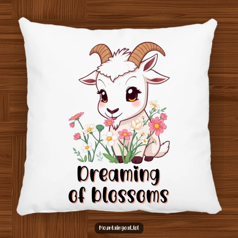 Funny Curious Goat Pillow: A soft cushion features a wide-eyed goat smelling a beautiful bouquet of mountain flowers.