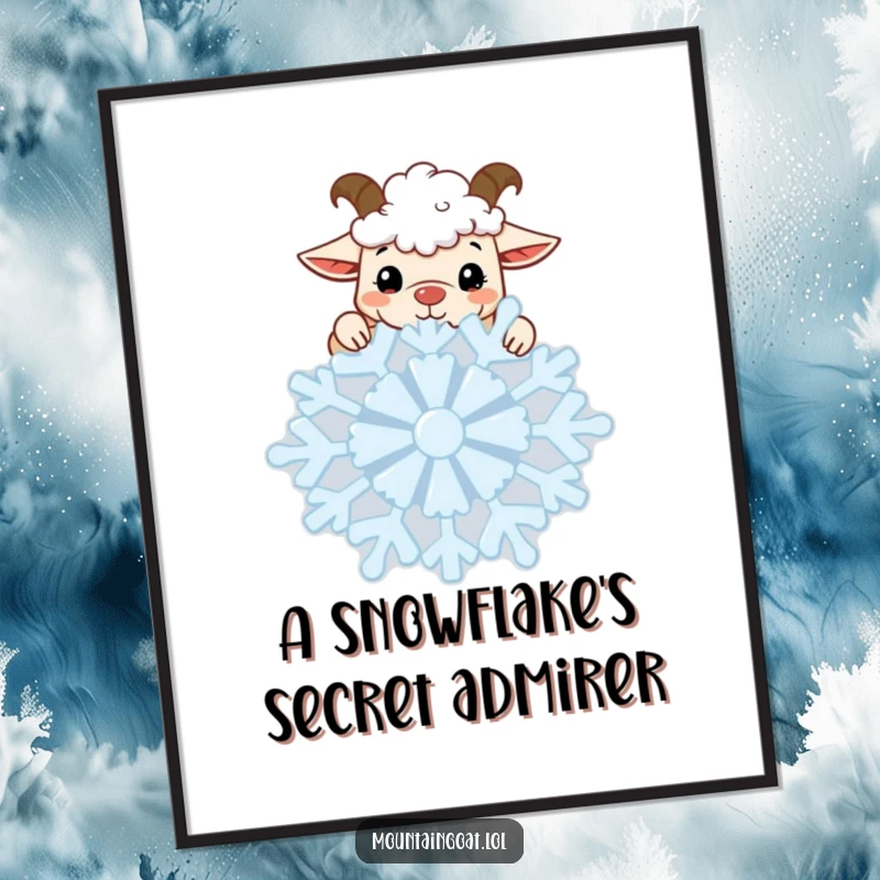 Funny Goat Snowflake Digital Art Print: A curious kawaii mountain goat peeking over a giant snowflake, capturing winter's playful enchantment.