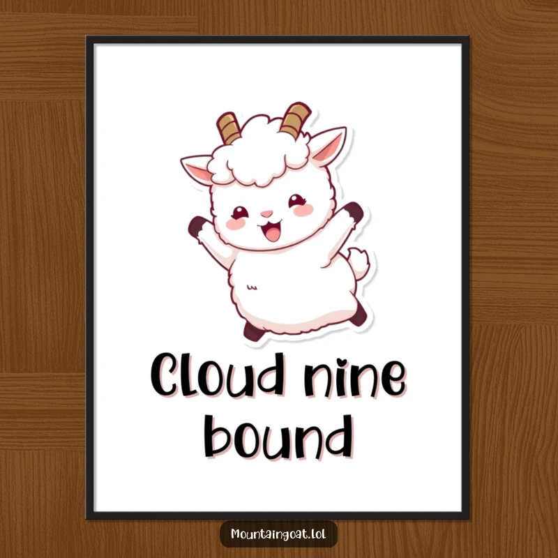 Funny digital art print of a fluffy white mountain goat with tiny horns leaping joyfully, offering instant cheer and vibrant, humorous energy.