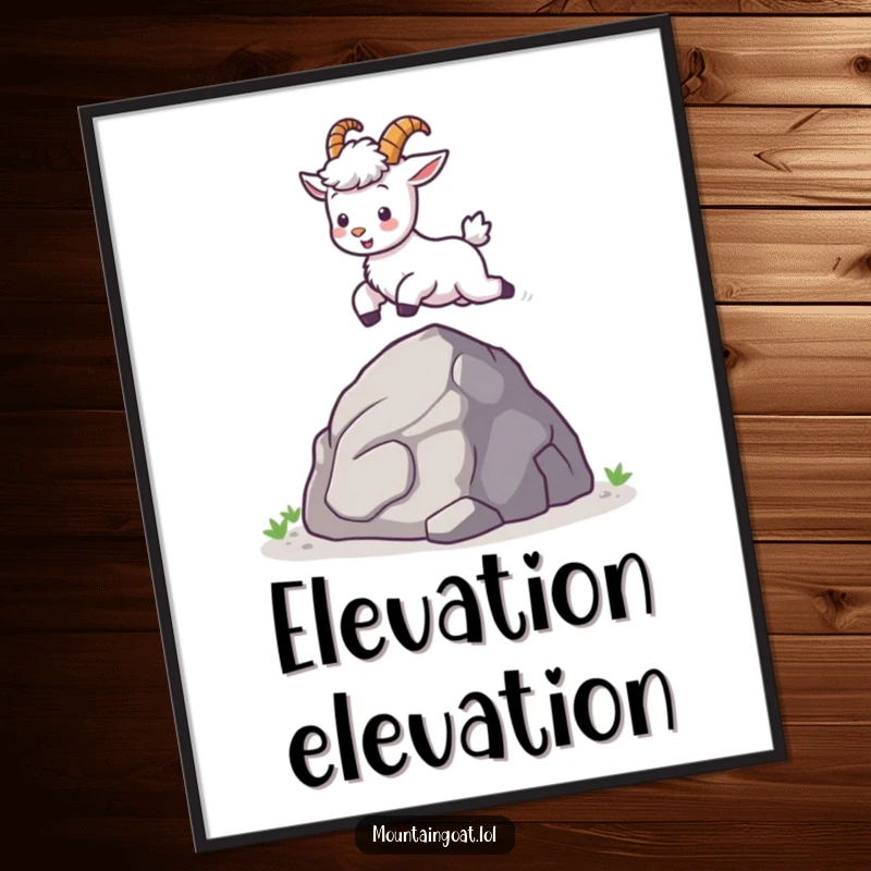 Funny kawaii mountain goat jumping over a rock, symbolizing freedom and joy, a charming digital art print.
