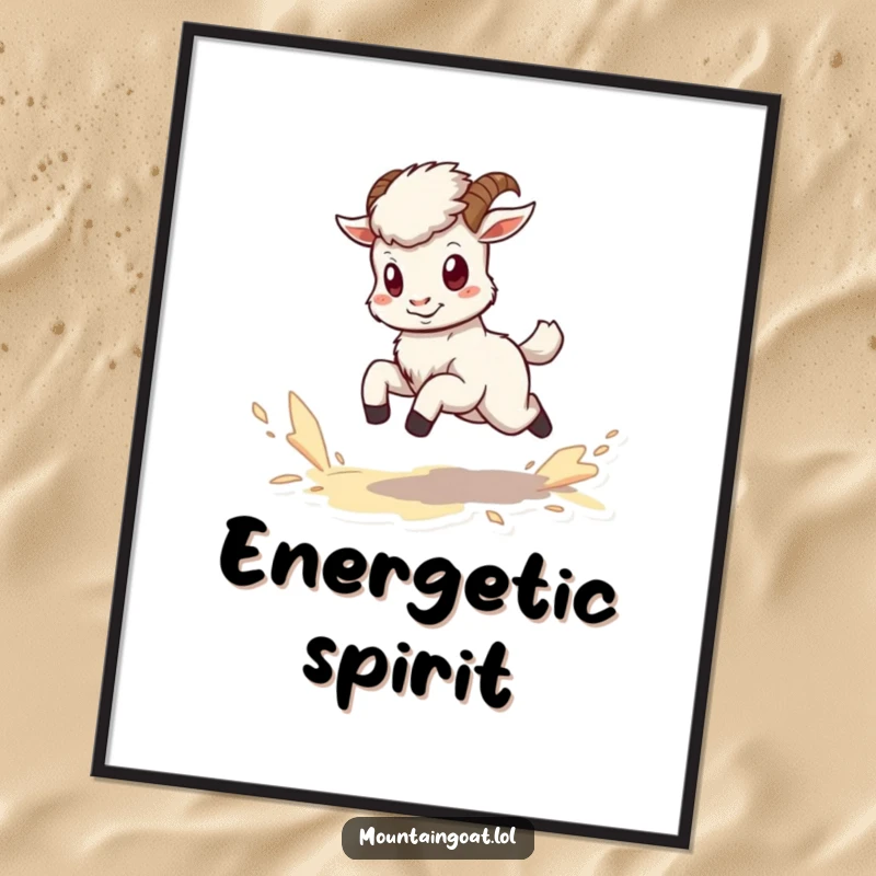 Funny kawaii mountain goat digital art print of a tiny, energetic goat kicking up dust while running.