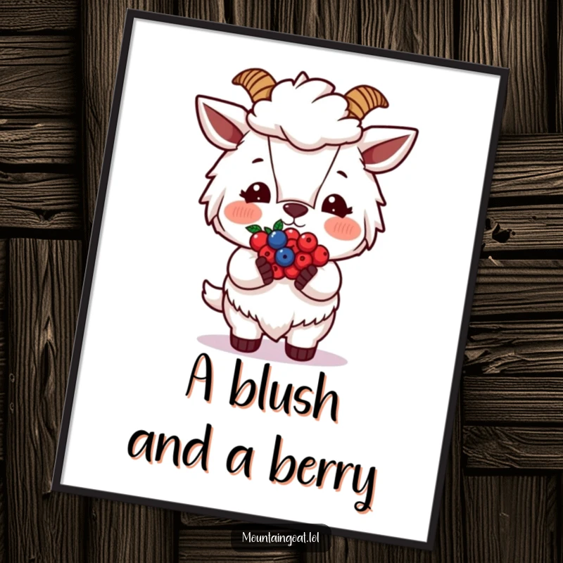 Funny Blushing Goat Berries Digital Art Print, a delightful illustration of a shy goat offering berries, ready for download.