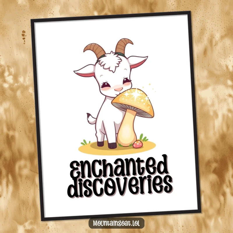 Funny goat curiously sniffing a sparkling, oversized mushroom, presented as a humorous digital art print for enchanting wall decor.',
