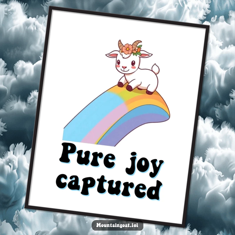 Funny goat with a flower crown sliding down a vibrant rainbow slope, presented as a humorous digital art print for cheerful wall decor.',