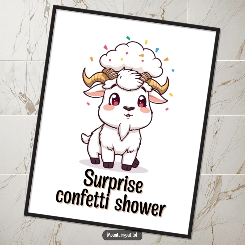 Funny Digital Art: A surprised mountain goat is showered with confetti from a cloud, a festive and downloadable artwork.