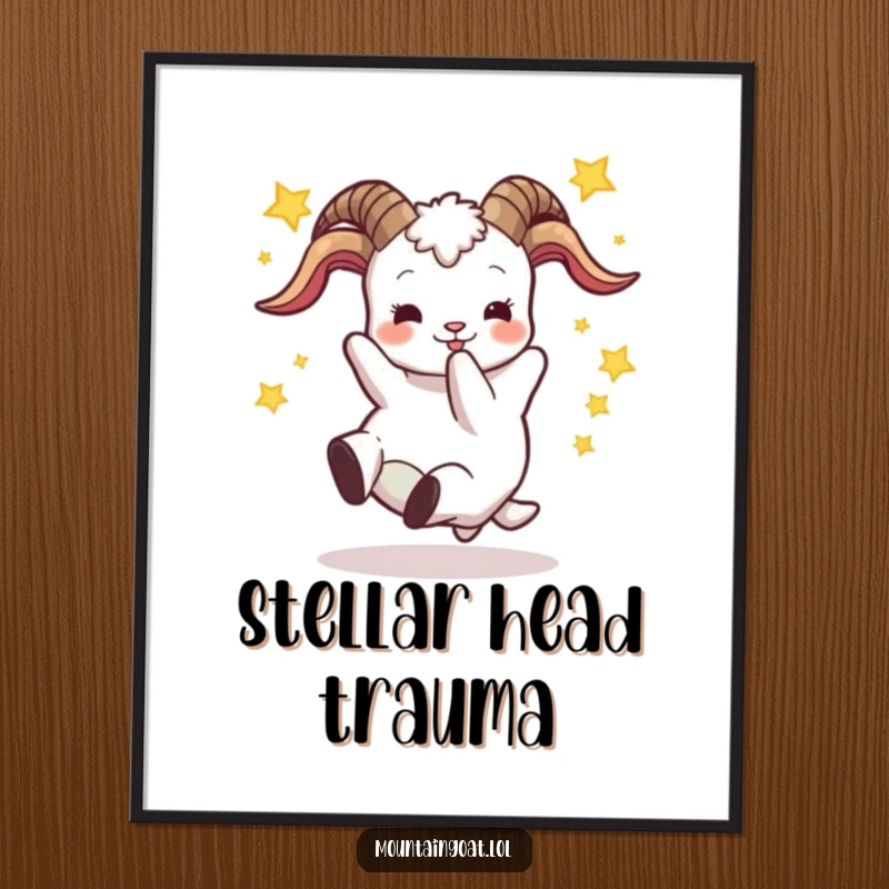 Funny digital art print of a goat falling backward with stars, instantly downloadable art for humorous and eye-catching wall decoration.
