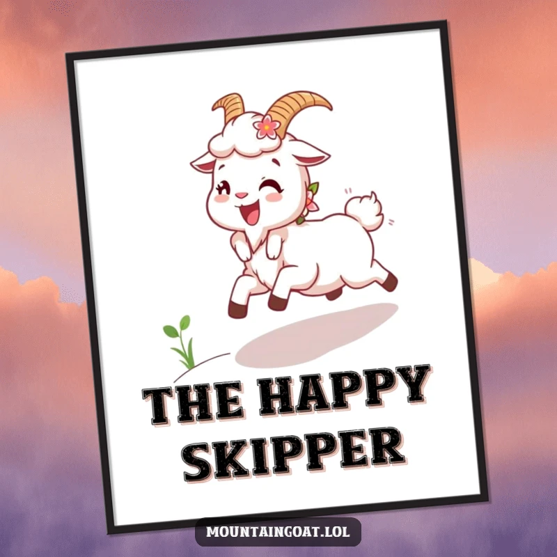 Funny Joyous Goat Digital Art Print: A high-resolution digital artwork of a happy mountain goat with flowers in its fur skipping uphill.
