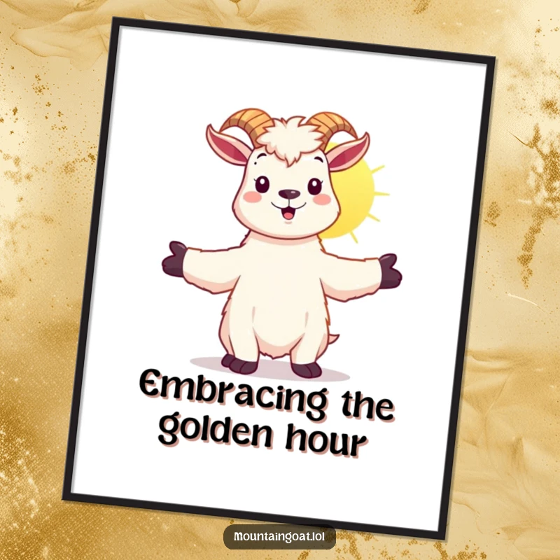 Funny kawaii mountain goat with arms outstretched, embracing sunshine, available as a digital art print.