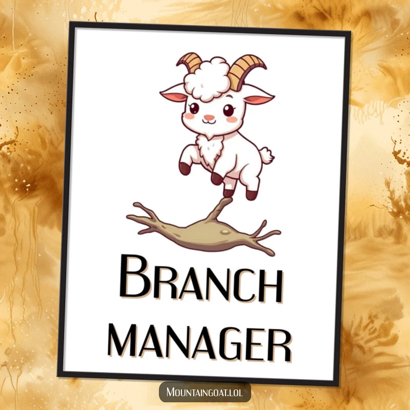 Happy kawaii mountain goat balancing on a thin branch, symbolizing skill and serenity, offered as digital art.