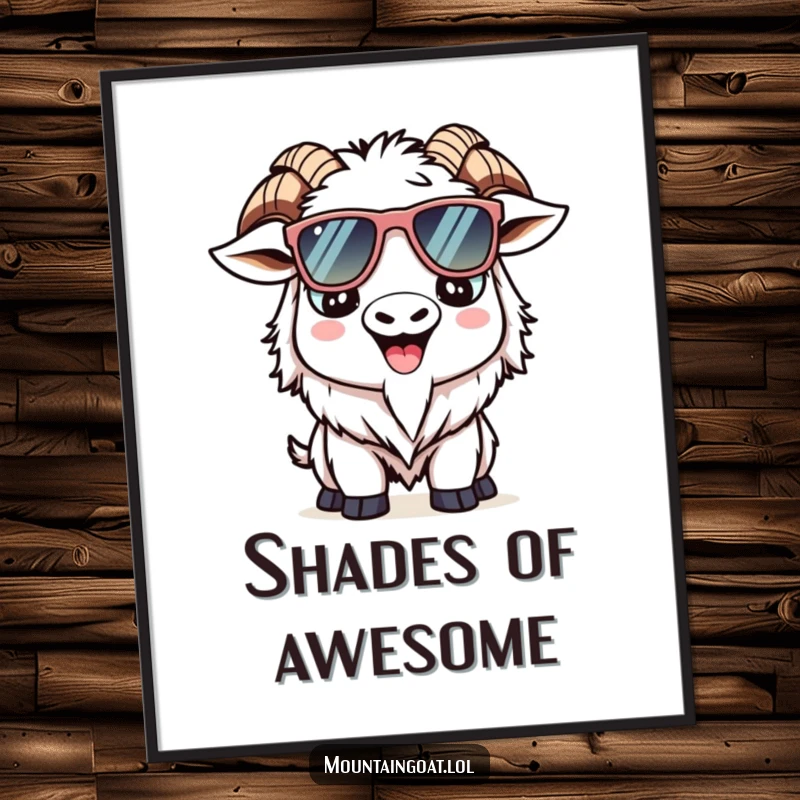 Funny Kawaii mountain goat digital art print of a smiling goat with oversized sunglasses, perfect for instant cool decor.