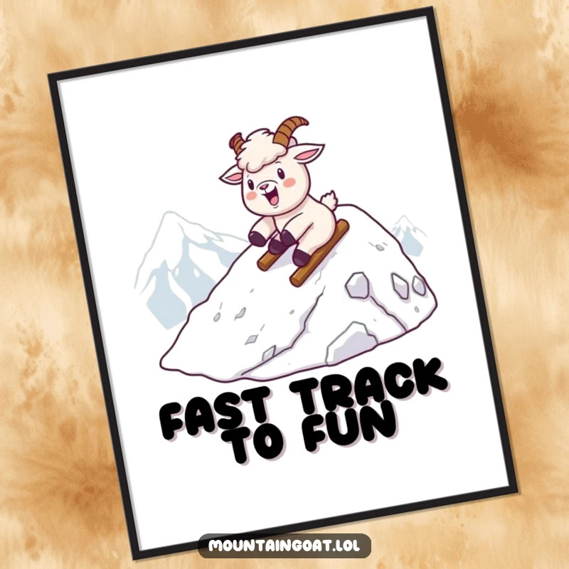 Funny kawaii mountain goat gleefully sliding down a snowy mountain peak, available as a downloadable digital art print.