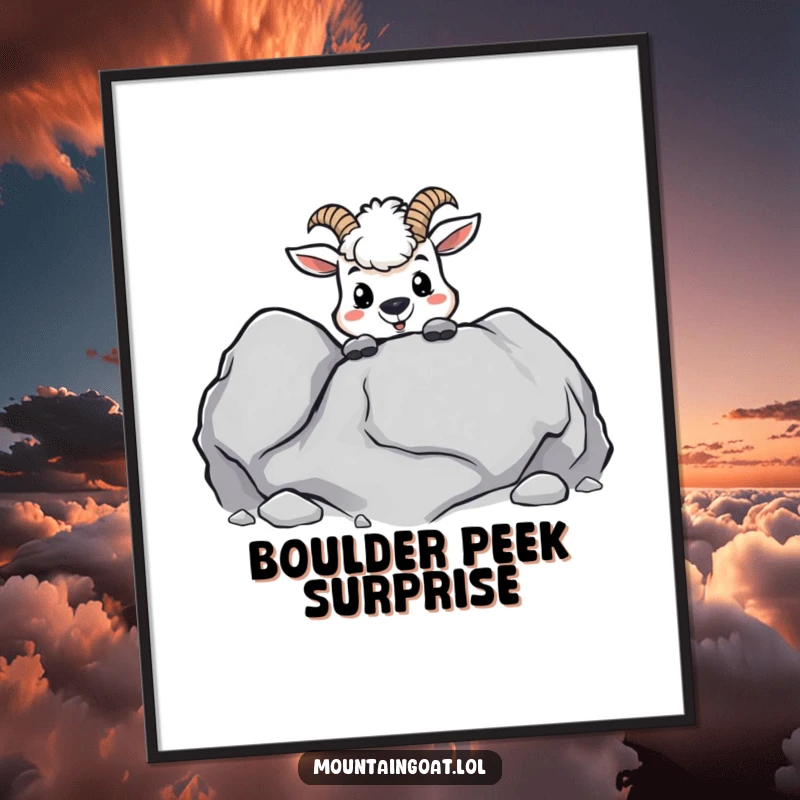 Funny kawaii mountain goat peeking playfully from behind a boulder, available as a high-resolution digital art print.