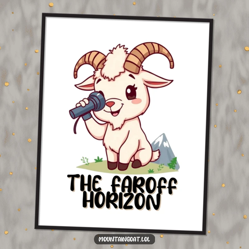 Funny mountain goat digital art print features a cheerful goat character using a spyglass for adventurous, inspiring wall decor.