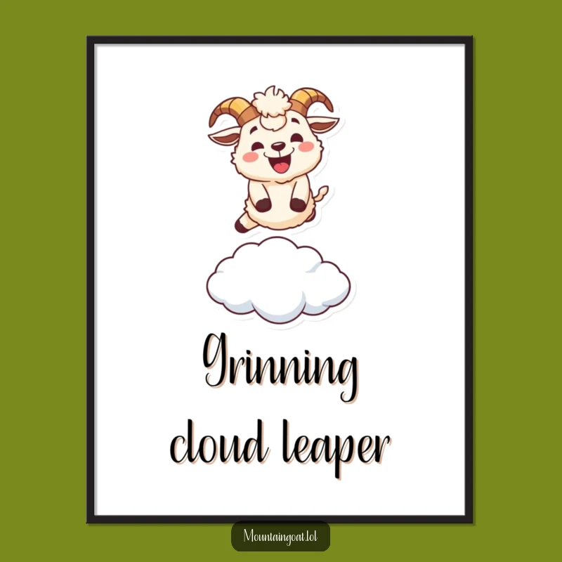 Funny Mountain Goat Digital Art Print: Instant Grinning Leap Over Cloud