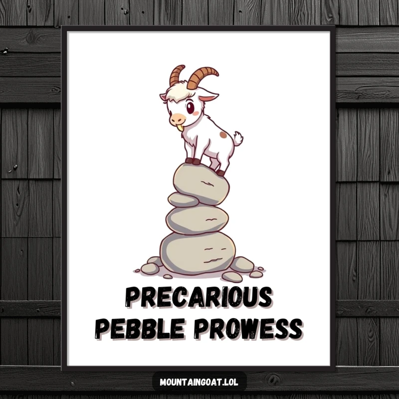 Funny mountain goat digital art print of a goat balancing on a stack of pebbles, offering a humorous and relatable visual.