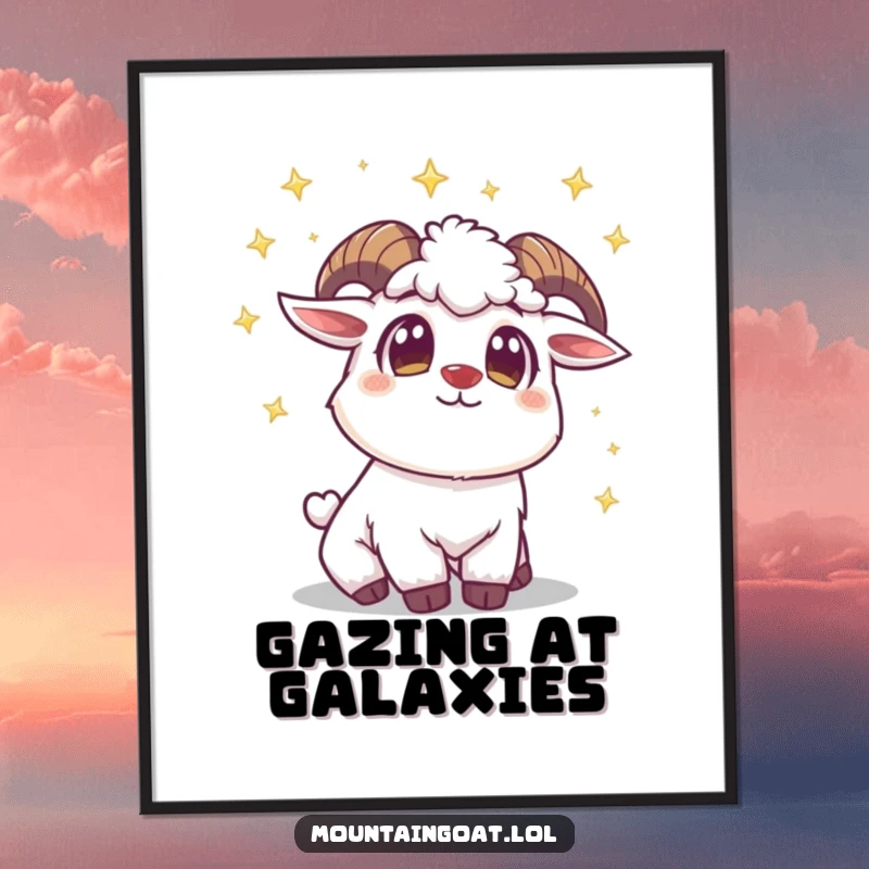 Funny Mountain Goat Star Digital Art Print: A wide-eyed goat gazes at twinkling stars, offering instant cosmic wonder.