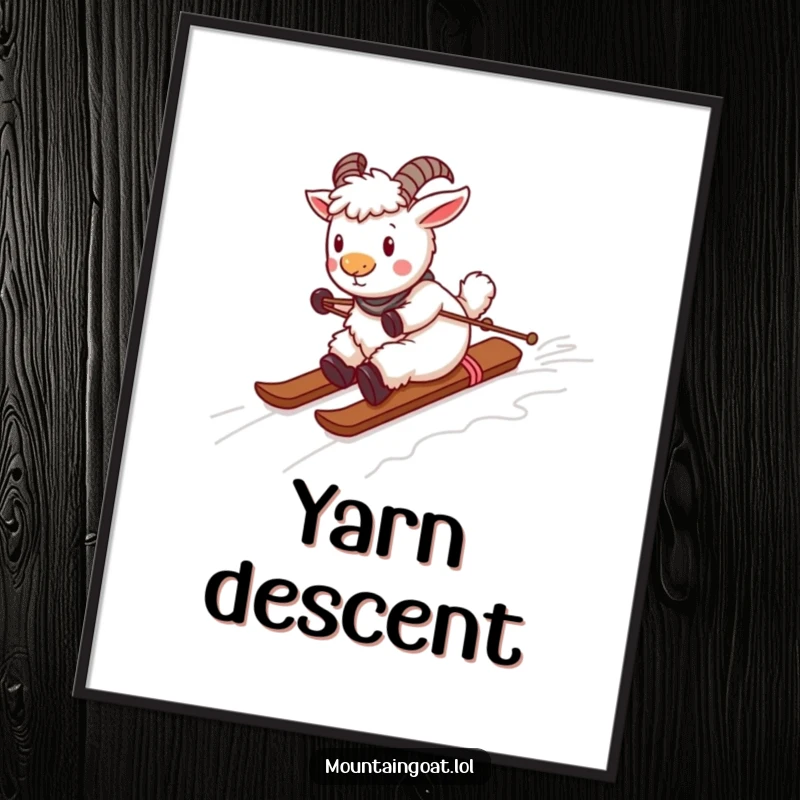 Funny playful mountain goat skiing down a yarn ski slope, as a downloadable digital art print for instant decor.