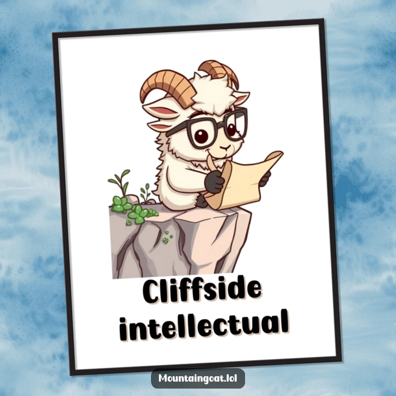 Funny digital art print of a scholarly mountain goat with spectacles reading a scroll, an intellectual and humorous wall art download.