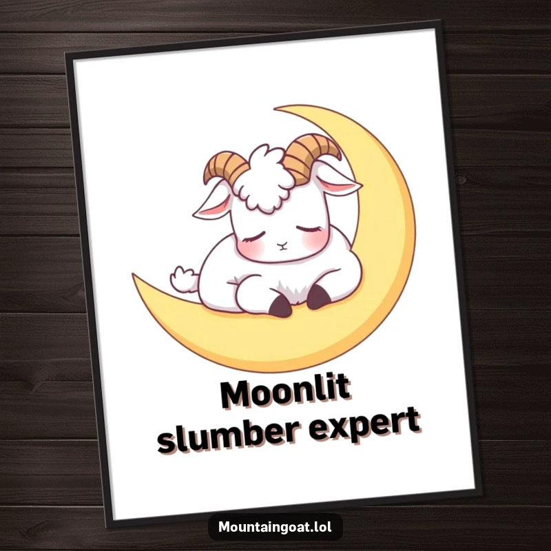 Funny digital art print of a sleepy mountain goat napping on a crescent moon, a humorous and charming wall art download.