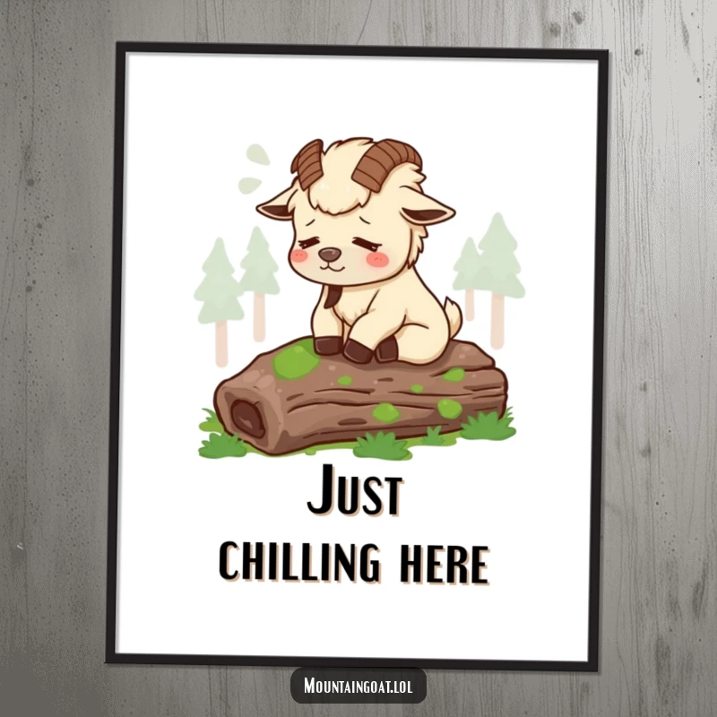 Funny tired mountain goat sighing contentedly on a mossy log, presented as a downloadable digital art print for serene decor.