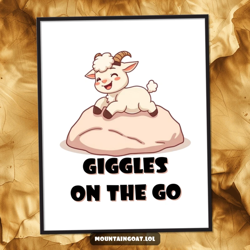 Funny kawaii mountain goat giggling and rolling down a hill, available as a digital art print.
