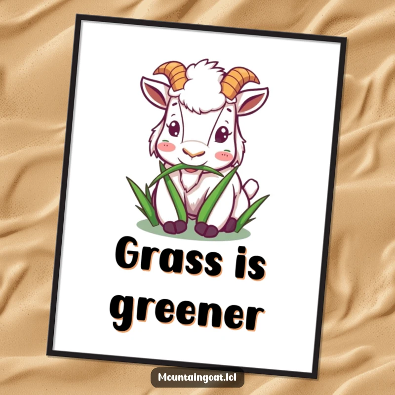 Funny mountain goat digital art print of a character happily munching on grass, perfect for instant download and peaceful decor.