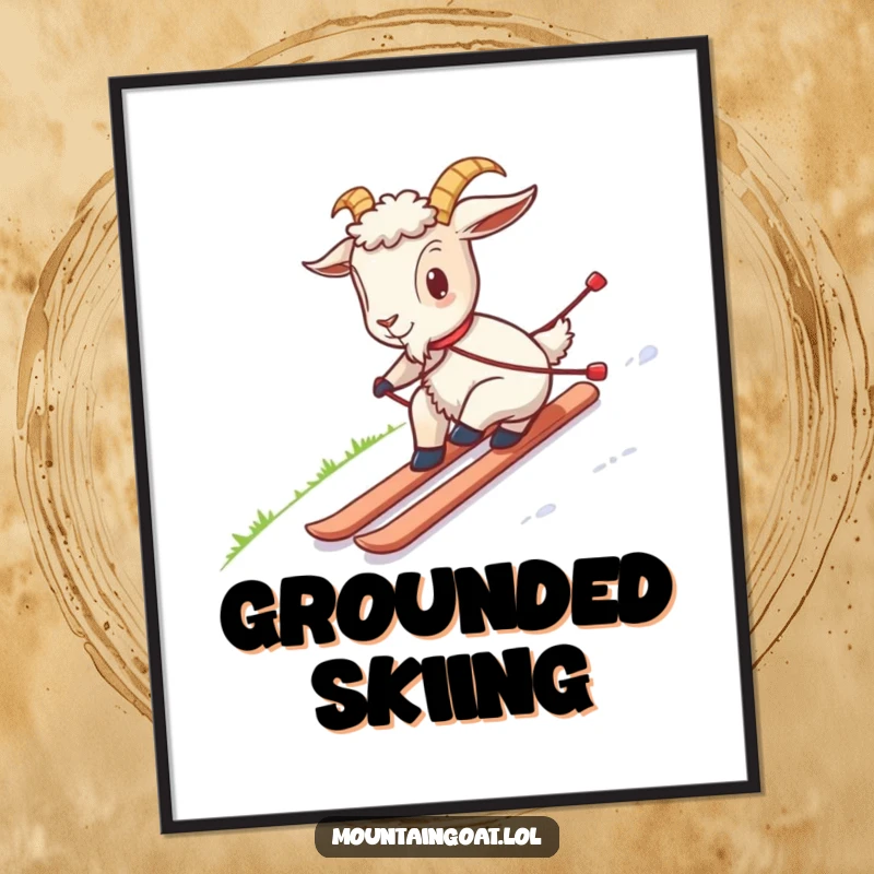 Funny digital art print of a goat awkwardly skiing down a grassy hill, instantly downloadable art for humorous and eye-catching wall decoration.