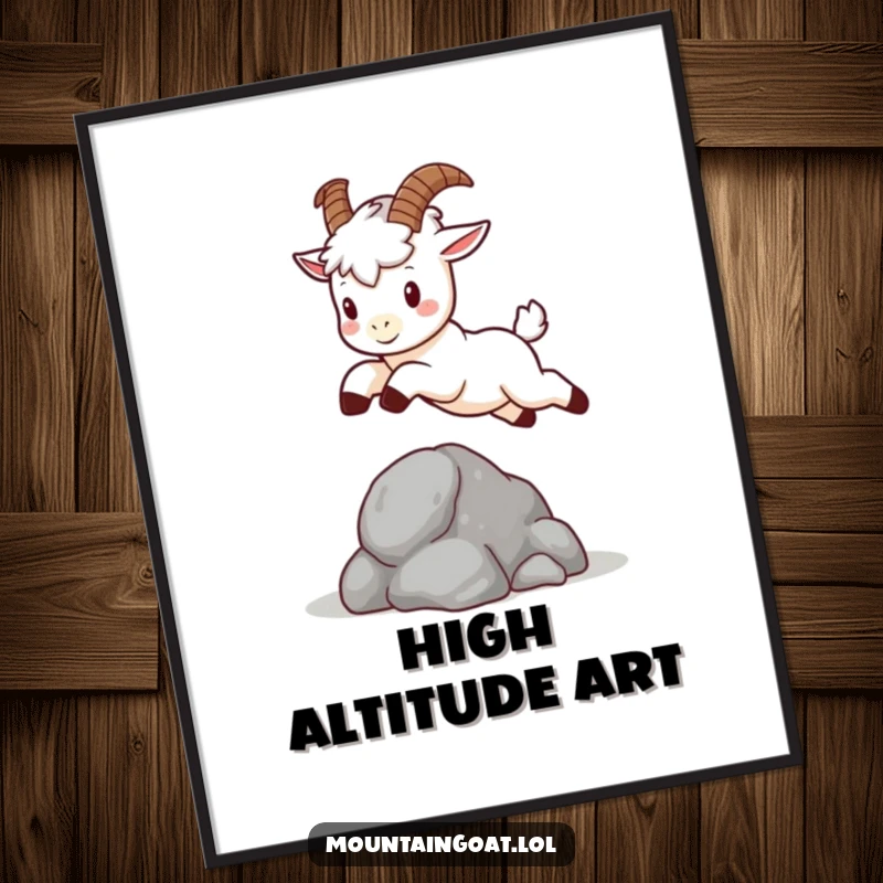 Funny kawaii mountain goat with tiny horns, leaping over a rock, cute and high-resolution digital art.