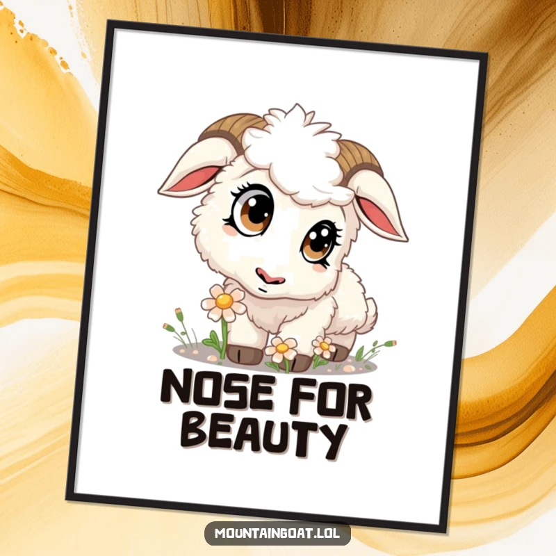 Funny kawaii mountain goat intently sniffing a flower, a symbol of curiosity and nature, presented as digital art.