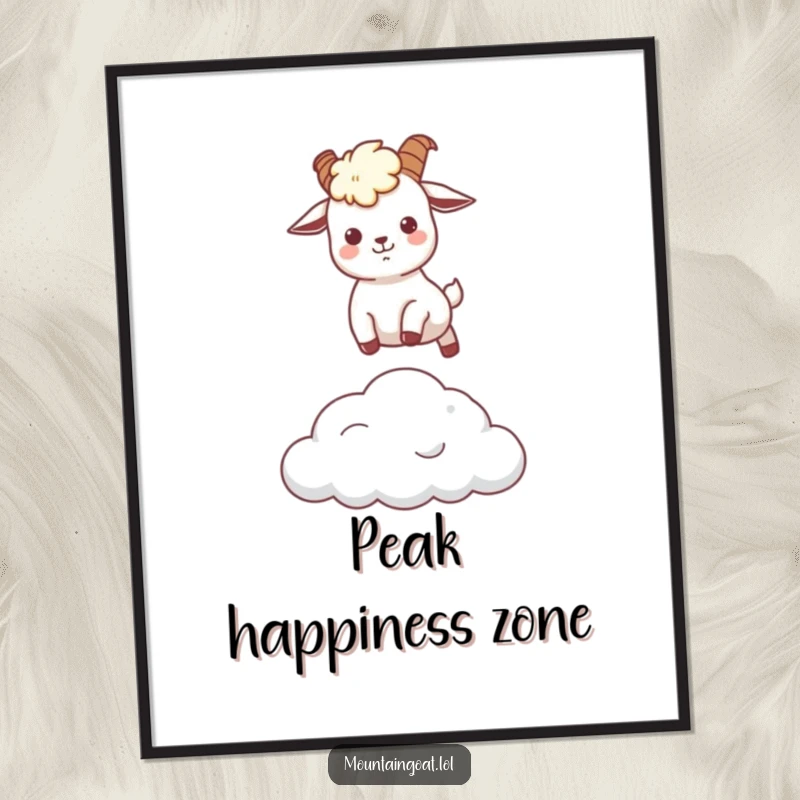 Funny kawaii mountain goat joyfully leaping over a fluffy cloud, available as a downloadable digital art print.