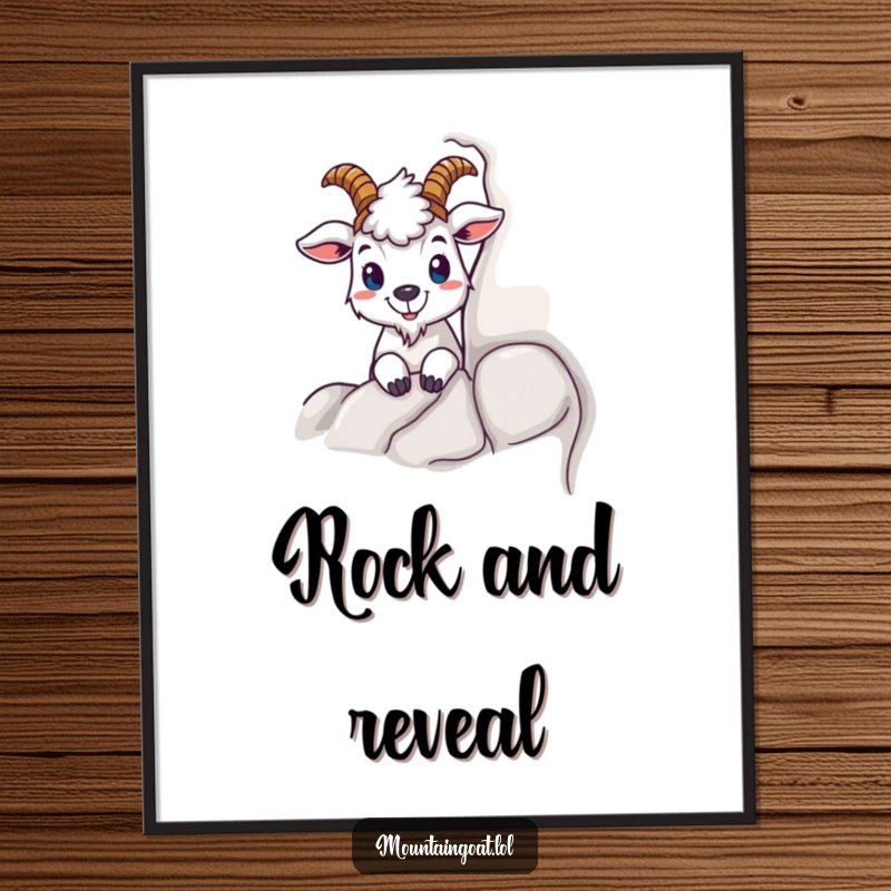 Funny digital art print of a mountain goat peeking from behind a rock, offering instant whimsical charm and a touch of playful humor.