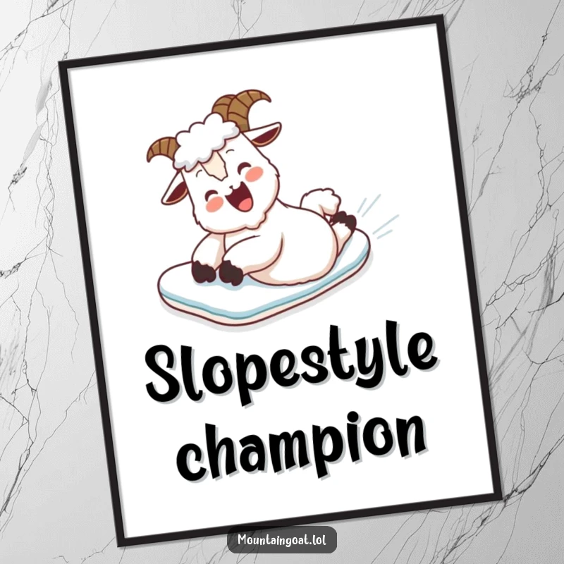 Funny Digital Art: A mountain goat belly slides down a snowy slope, a hilarious and downloadable artwork.