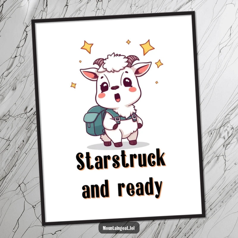 Funny digital art print of a startled mountain goat with a backpack looking up at stars, a cosmic and humorous wall art download.
