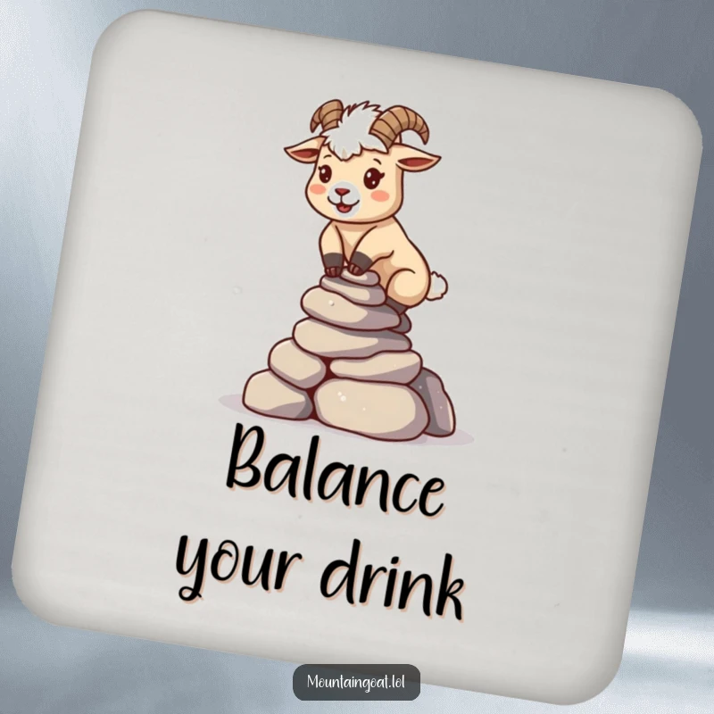 Funny kawaii mountain goat balancing a stack of rocks, printed on a protective and amusing drink coaster.