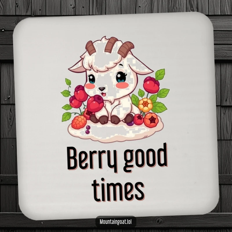 Funny mountain goat happily munching vibrant berries, nature theme coaster, humorous home accessory, charming funny gift.