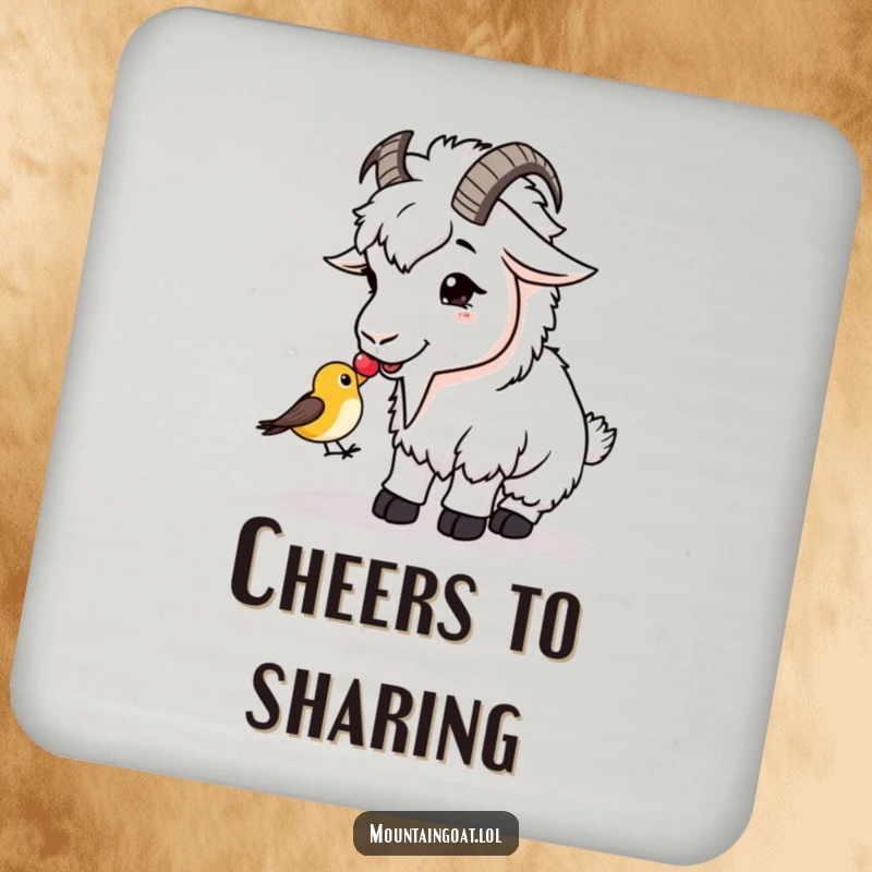 Funny Coaster: A mountain goat offers a berry to a tiny bird, a sweet and humorous addition.
