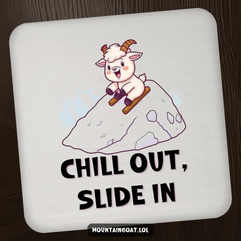 Funny kawaii mountain goat sliding down a snowy peak, printed on a protective and amusing drink coaster.