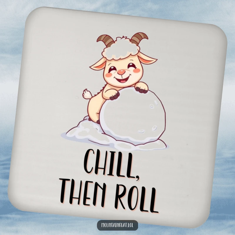 Funny giggling mountain goat with a snowball, depicted on a protective coaster for a humorous and functional drink accessory.