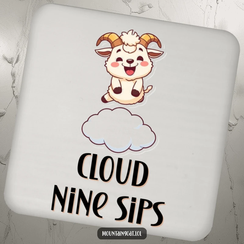 Funny fluffy mountain goat character drink coaster, leaping over a small cloud with a wide grin, protecting surfaces humorously.