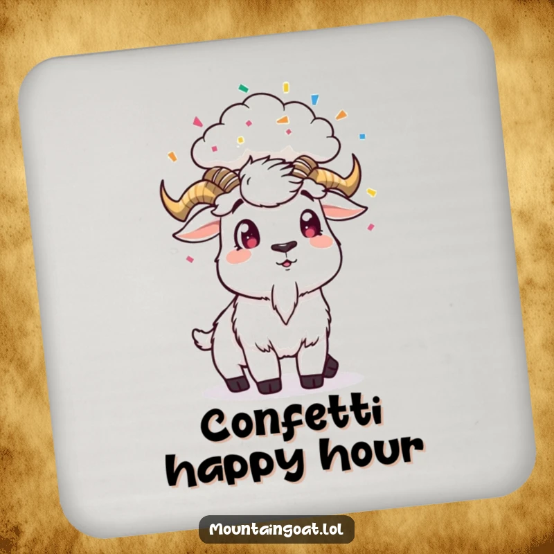 Funny Coaster: A mountain goat looks surprised as confetti falls from a cloud, a festive drink accessory.