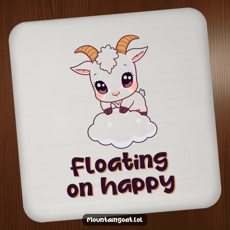 Funny small goat with large eyes jumping over a tiny cloud on a drink coaster, offering whimsical surface protection for beverages.',