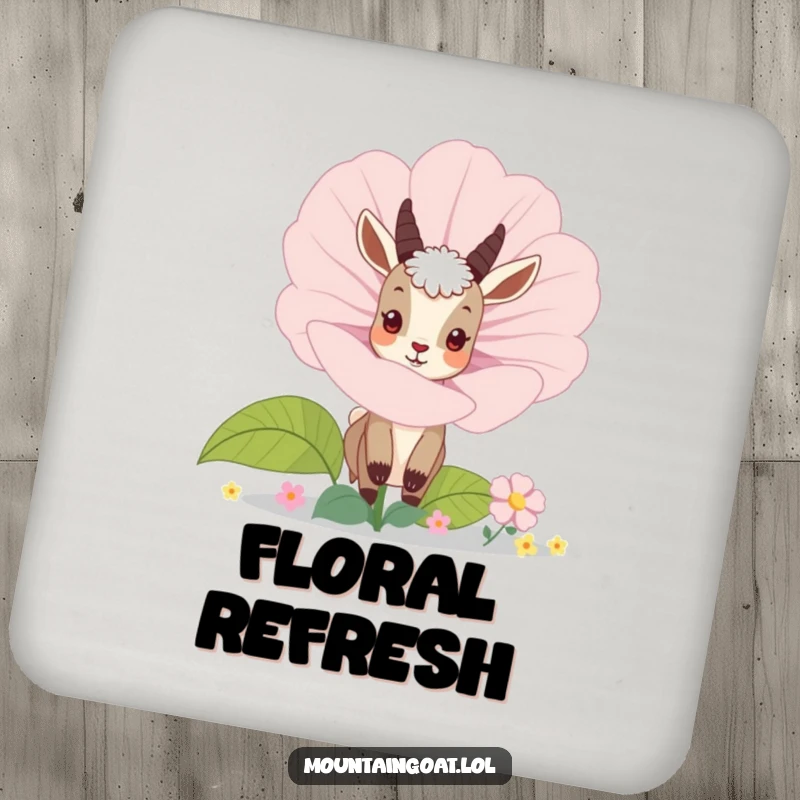 Funny mountain goat peeking from behind a giant blooming flower, designed on a protective drink coaster. Cute and functional.