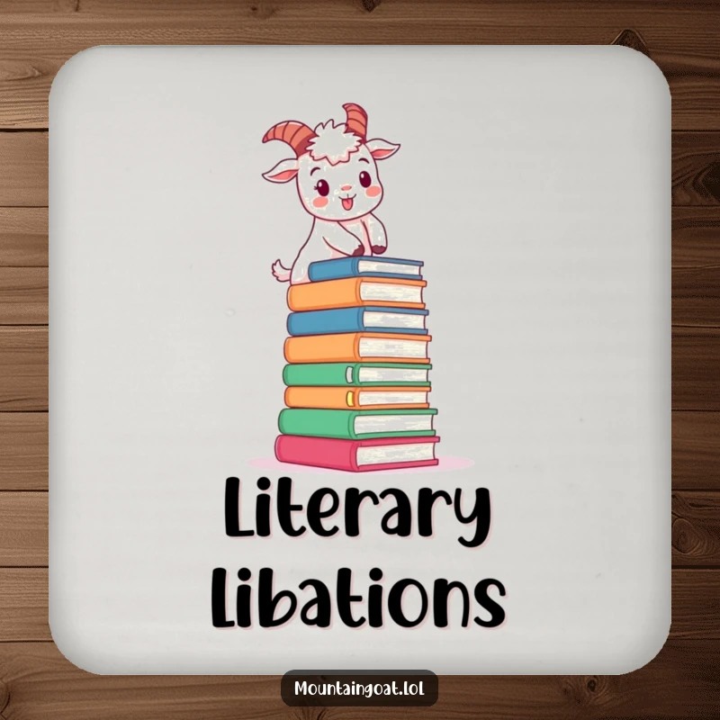 Funny determined mountain goat character drink coaster, cheerfully climbing oversized books, protecting surfaces with ambition.