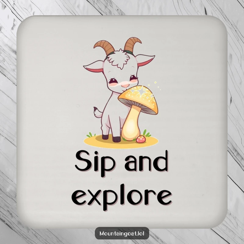 Funny goat curiously sniffing a sparkling, oversized mushroom on a drink coaster, offering whimsical surface protection for beverages.',